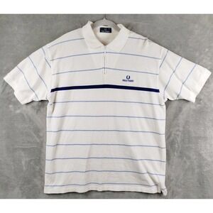 Fred Perry Zip‎ Up Polo Pique Shirt White Blue Stripe Short Sleeve Mens XL Golf